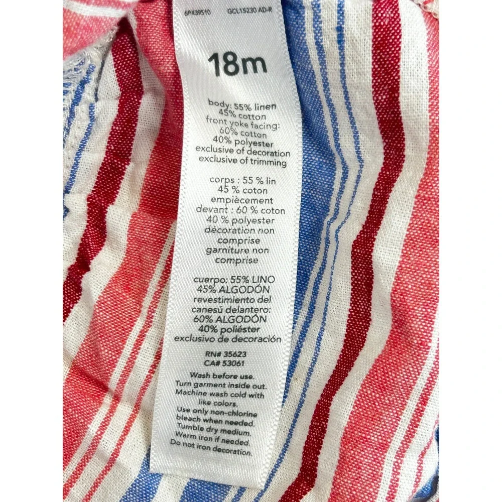OshKosh Bgosh Baby Girl 18M Red White‎ Blue Striped Linen Blend Smocked Top